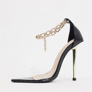 Simmi London Felicia heeled sandals with diamanté anklet in back.